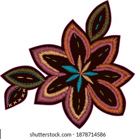Colorful stitch texture embroidery flower with leaves