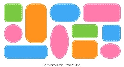 Colorful stitched label set in various shapes. Simple flat frames with dashed lines border. Great for tags, stickers, packaging labels, card, text highlight, social media, handmade product, DIY design