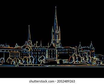 Colorful Stockholm Panorama Drawing on black. Well crafted vector sketch für private and commercial use.