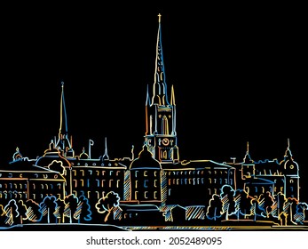 Colorful Stockholm waterfront Drawing on black. Well crafted vector sketch für private and commercial use.