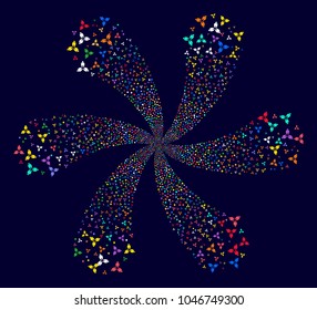 Colorful Stomatology centrifugal flower with 6 petals on a dark background. Vector abstraction. Hypnotic twist created from scatter stomatology objects.