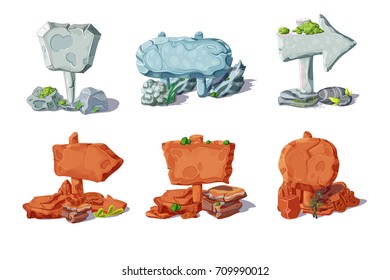 Colorful stone pointers and signboards collection with plants in cartoon style isolated vector illustration 