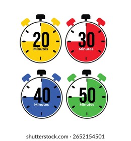 Ícones coloridos do cronômetro de cronômetro definidos com contagem regressiva de 20, 30, 40, 50 minutos. Design de vetor plano em amarelo, vermelho, azul, verde. Ilustração do rastreador de tempo digital moderno para infográficos e IU