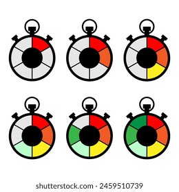 Colorful stopwatches icon set. Time tracking tools. Variety of timers. Vector graphic elements.