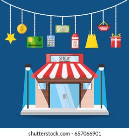 colorful store with elements shopping concept