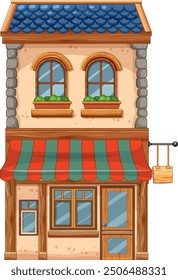 Colorful storefront with upper windows and awning