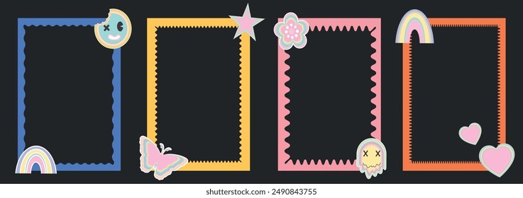 Colorful stories frames set with cute elements. Zigzag wavy edges, retro squiggle frames, psychedelic rectangles, photo frames, text boxes, tags, labels. Wave and curvy borders.