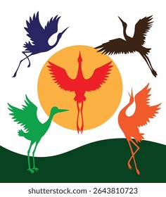 Colorful Storks Flying Against Orange Sun Background