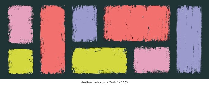 Líneas rectas coloridas, cuadrados y colección rectangular. Pincel dibujado a mano Formas geométricas infantiles. Colección de caja grunge de pinceladas incompletas. Ilustración vectorial.