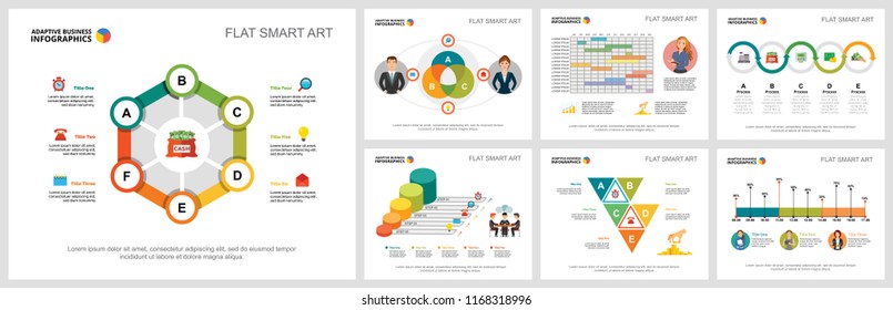 Colorful strategy or logistics concept infographic charts set. Business design elements for presentation slide templates. Can be used for financial report, workflow layout and brochure design.