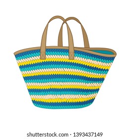 colorful straw bag, shopping tote bag, summer beach bag, vector illustration sketch template on white background