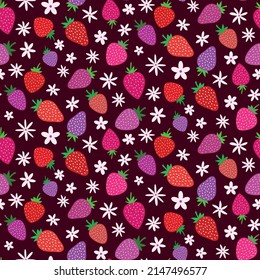 Colorful strawberries seamless pattern with white flowers on dark brown background. Great for textile, gift wrapping paper and stationary