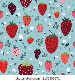 Colorful strawberries and small white flowers seamless vector pattern. 