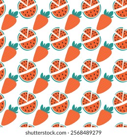 Colorful strawberries and Watermelon slices Seamless pattern. Summer Healthy berries background idea