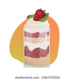 Colorful strawberry dessert in glass with cream cheese, biscuits, fruit slices. Nutrition, diet, cooking, breakfast menu, sweet food, dessert concept. Vector illustration for banner, menu, postcards