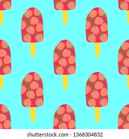 Colorful strawberry ice lolly seamless pattern on nice blue background

