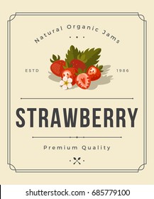 Colorful Strawberry Jam Packaging Logo Design Element in Vintage Style. Strawberry Retro Label Vector Illustration.