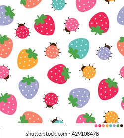 Colorful strawberry and ladybug seamless pattern vector background