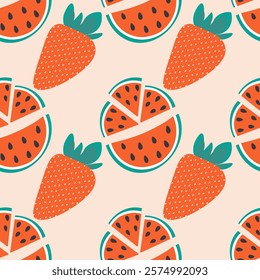 Colorful strawberry with leaves and watermelon slices with seed Seamless Pattern. Summer background