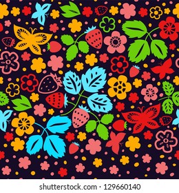 Colorful strawberry seamless pattern on dark background, vector