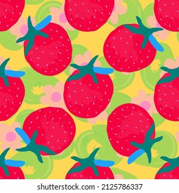 Colorful Strawberry Vector Seamless Pattern. Pink Spring Fruity Texture. Drawing Cute Berries Background. Red Fruit Candy Design.