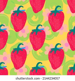 Colorful Strawberry Vector Seamless Pattern. Drawing Fabric Flower Wallpaper. Red Summer Fruity Design. Pink Berries Spring Illustration.