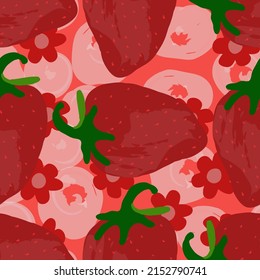 Colorido Vector De Fresa Sintonizador Patrón. Fondo de escritorio de la flor de primavera. Fondo De Fruta Floral Rojo. Caricatura Fruity Candy Design.