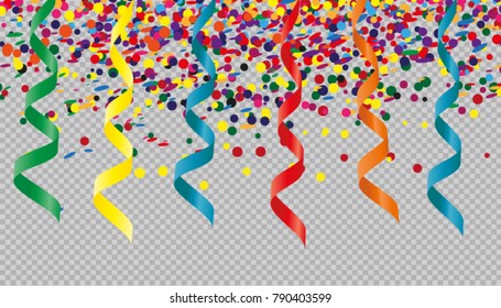 Colorful Streamers And Confetti - Carnival Vector Illustration - Transparent Background