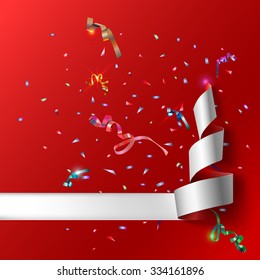 Colorful streamers with confetti. Red curved ribbon, on celebration background with colorful confetti and ribbons. New year and xmass background