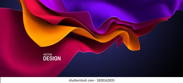 Colorful streaming velvet fabric. Abstract background. Vector 3d illustration. Wavy layered textile. Flowing silky cloth. Opening ceremony or anniversary decoration element.