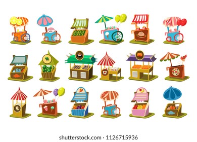 Colorful street cart shop set, retail kiosk on wheels vector Illustrations on a white background