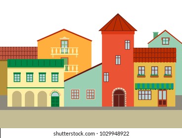 Colorful street in the city center. Flat