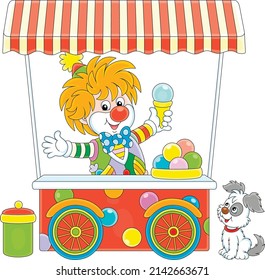 Colorful street ice  cream cart and merry circus clown vendor   cute little pup  vector cartoon illustration isolated white background