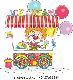 Colorful street ice-cream cart and a merry circus clown vendor friendly smiling and waving in greeting, vector cartoon illustration isolated on a white background