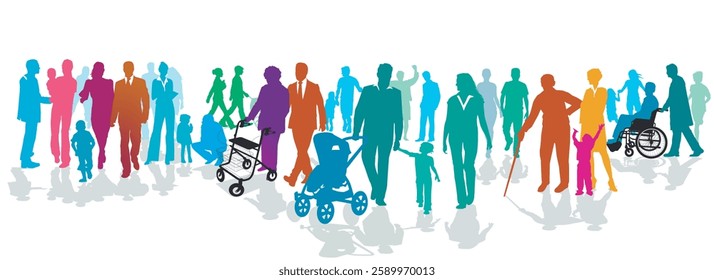 colorful street panorama with many people, couples and families on the street, illustration