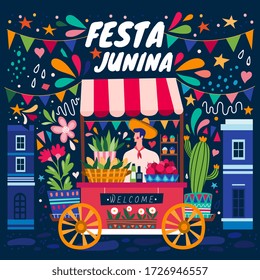 Colorful street vendor with cart at the Festa Junina below bunting and text on a brightly colored festive background pattern in a city street, vector illustration