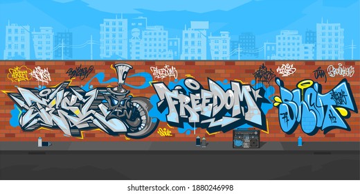 Colorful Streetart Graffiti Wall With Drawings Against The Background Of The Cityscape Vector Illustration