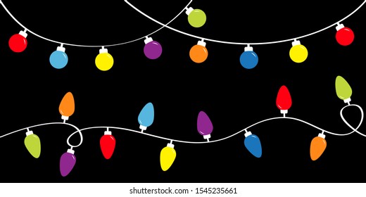 Colorful string fairy light set. Holiday festive xmas decoration. Christmas lights. Lightbulb glowing garland. Rainbow color. Flat design. Black background. Isolated. Vector illustrtion