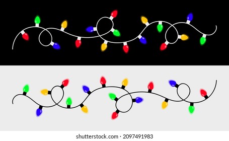 Colorful string fairy lights. Christmas light set. Lightbulb glowing garland line. Cartoon holiday festive xmas decoration. Rainbow color. Different shape. Flat design. White Black background. Vector
