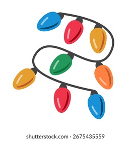Una cadena colorida de luces de vacaciones enrolladas en una guirnalda sobre fondo blanco