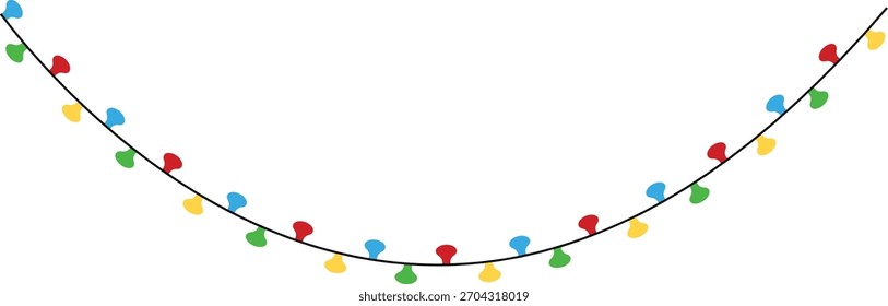 Colorful string lights, festive decorative bulb garlands in multiple shapes and curves, holiday illumination decoration vector design on transparent background