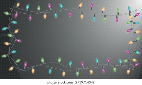 Colorful string lights frame with glowing bulbs for festive border design
