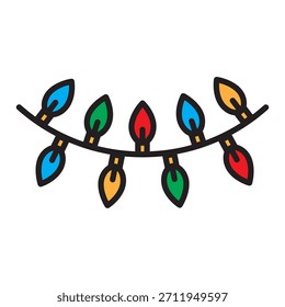 Colorful string lights icon with editable outline, bright holiday bulbs and festive garland. Modern flat line style for Christmas decor, web, apps and party designs