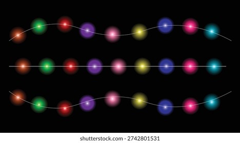 Colorful string lights with multiple colored bulbs and white cords on black background for decoration and ambiance festive lighting