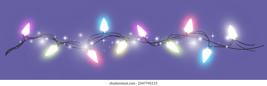 Colorful string lights on purple background with glowing bulbs and sparkling effects.
