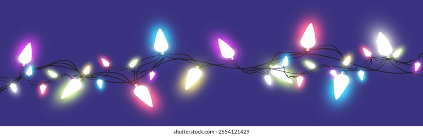 Colorful string lights on purple background with glowing bulbs and sparkling effects.
