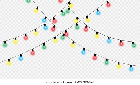 Colorful string lights with red, blue, and green bulbs on a transparent background