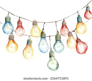 colorful string lights with vibrant bulbs. Perfect for festive decorations, party invitations, or holiday designs. Adds a whimsical and cheerful touch to any project.