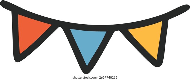 A colorful string of pennant flags is depicted against a white background