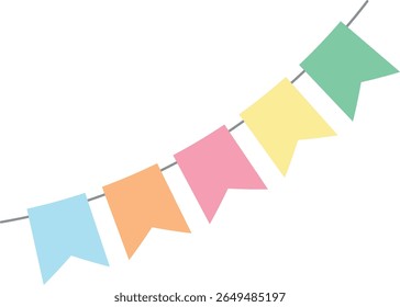 Colorful string of triangular pennant flags in pastel tones, including light blue, orange, pink, yellow, and green, hanging in a flat style, ideal for party, celebration, or kids design
